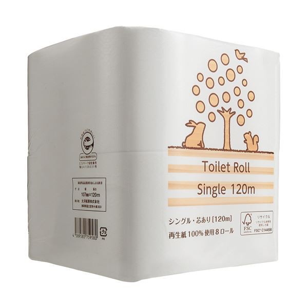 TANOSEEリサイクルトイレットペーパー(2倍巻) シングル 芯あり 120m1セット(144ロール:8ロール×18パック)〔代引不可〕の通販は