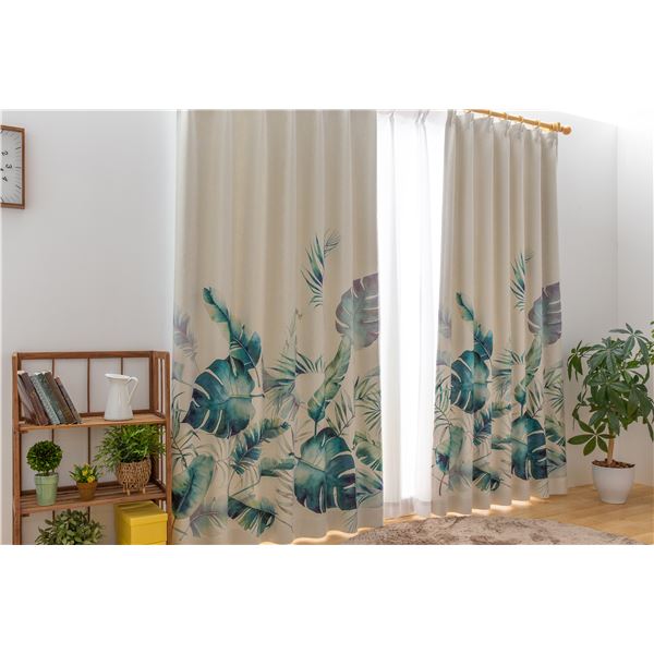 遮光カーテン 幅100cm×丈190cm リーフ柄 2枚 洗える 日本製 アジャスターフック タッセル付き 3級 遮光 カーテン プランシェ GN〔代引不可〕の通販は