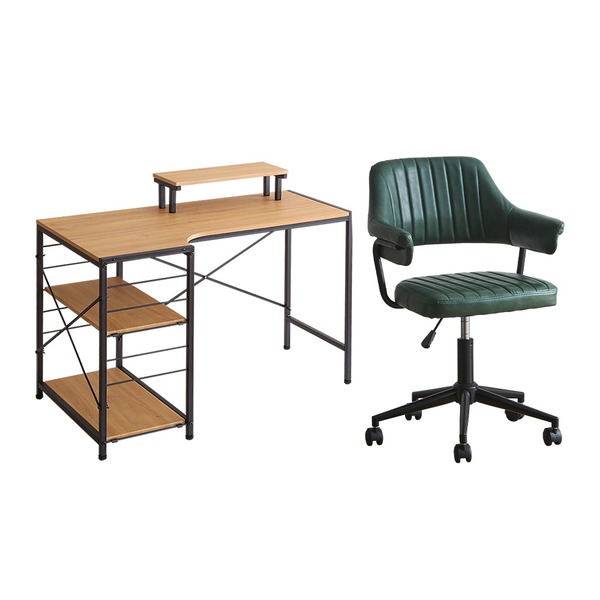 ヴィンテージ風 ガス圧昇降 デスクチェアセット 〔デスク：シャビーオーク/チェア：グリーン〕 組立品〔代引不可〕〔代引不可〕の通販は 30,297円
