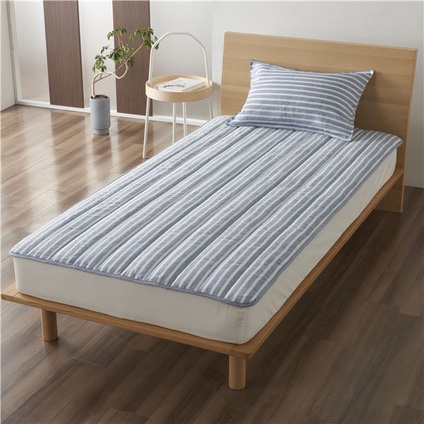 先染めストライプ リネン100%敷きパッド シリカゲルシート入り 約100x200cm ブルー〔代引不可〕〔代引不可〕の通販は 11,980円