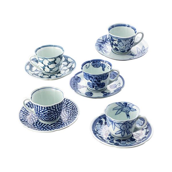 波佐見焼 古伊万里青磁絵 珈琲碗皿5客揃 碗φ8.5×6.5cm、皿φ14.8×2.5cm B1155580〔代引不可〕