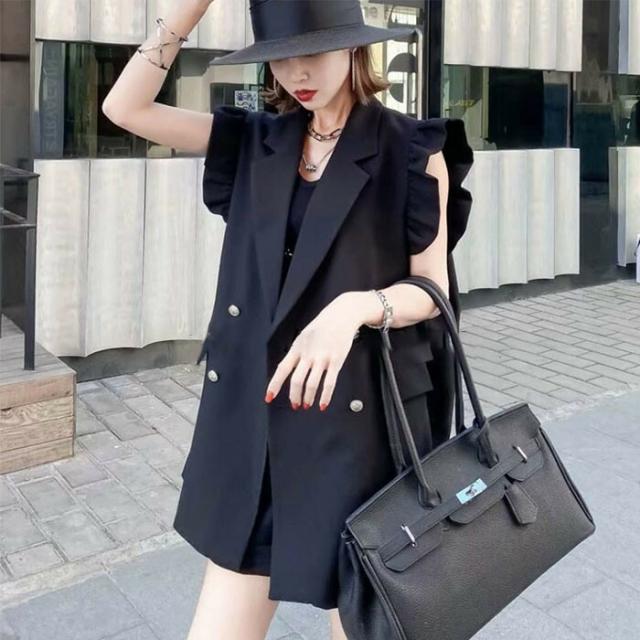 フリル袖 ジレベスト ミディアム丈 夏 レディース ノースリーブ カジュアルコート フリル 襟付き エレガント 春 秋 冬 羽織る 20代 30代 40代 アウター ブラック大人 可 スーツベスト