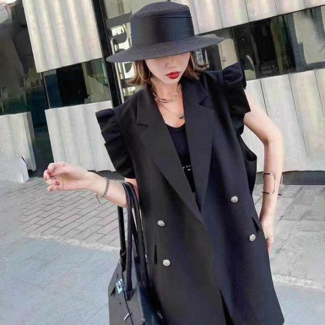 フリル袖 ジレベスト ミディアム丈 夏 レディース ノースリーブ カジュアルコート フリル 襟付き エレガント 春 秋 冬 羽織る 20代 30代 40代 アウター ブラック大人 可 スーツベスト フリル袖 ジレベスト ミディアム丈 夏 レディース ノースリーブ