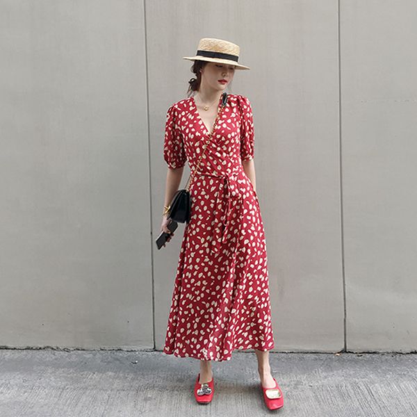 ワンピース 夏 リゾートワンピース ドレスワンピース 半袖 Vネック カシュクール レディース ダルメシアン 柄 ハイウエスト ウエストマーク フレア S M L XL ミモレ 白 黒 赤 着回し