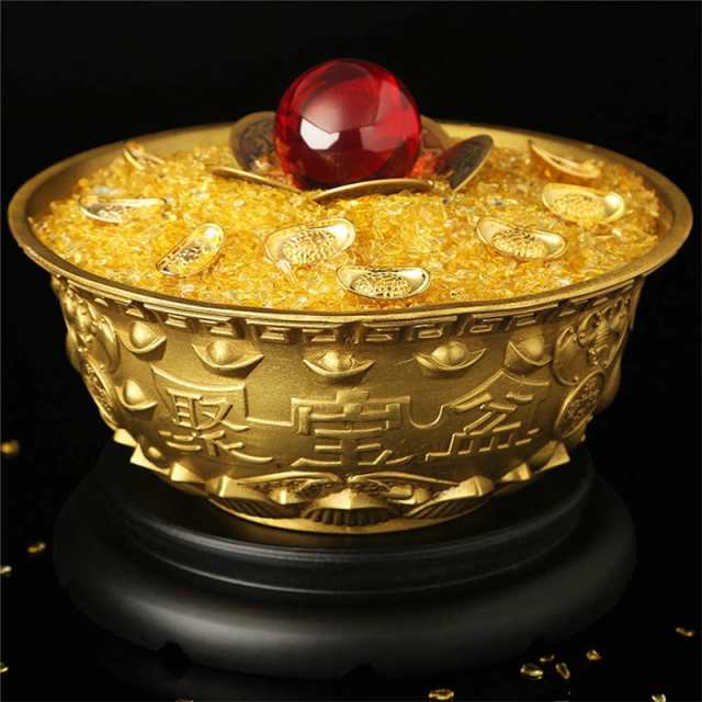 聚寶盆 元寶 置物 富と幸運 銅製 真鍮 元宝8個 五帝銭 5枚 台座１個 黄 