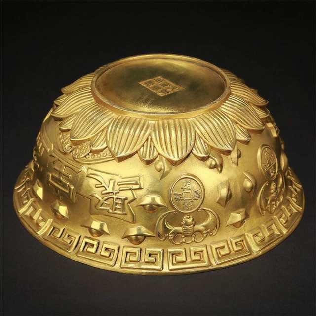 聚寶盆 元寶 置物 富と幸運 銅製 真鍮 元宝8個 五帝銭 5枚 台座１個 黄 