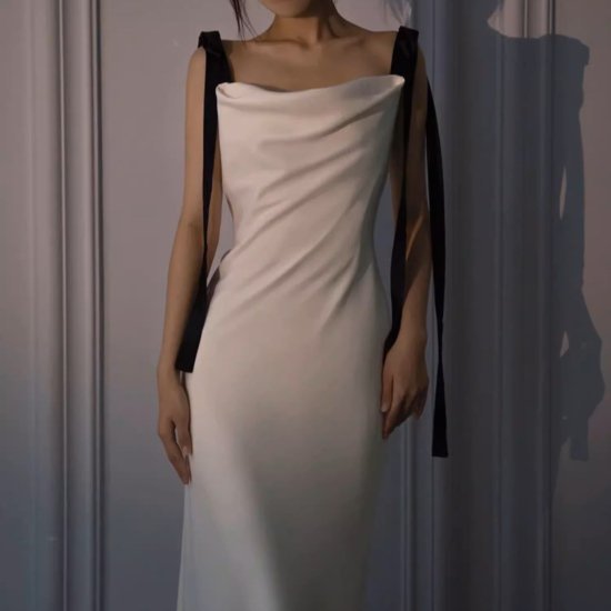 パーティードレス レディース ノースリーブ ワンピース リボンストラップ バイカラー スリム ロング サスペンダー 背中あき エレガント セクシー 演奏会 イブニングドレス おしゃれ 結婚式