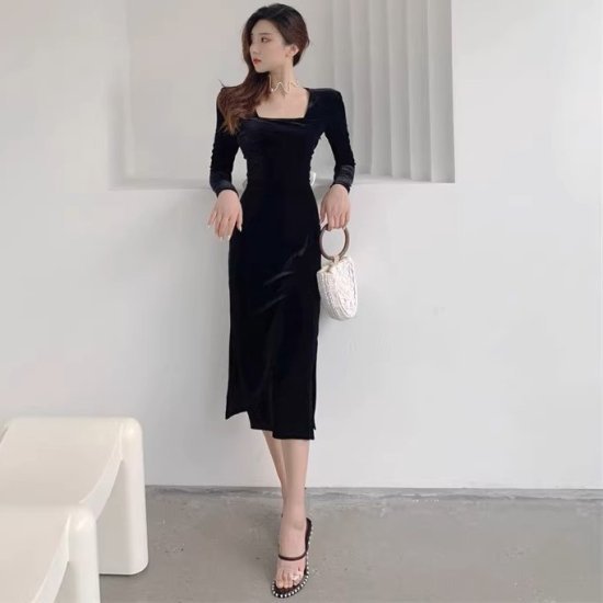 パーティードレス レディース バックリボン タイトワンピース スクエアネック 長袖 スリム スリット バックシャン リボン エレガント セクシー ミモレ丈 結婚式 謝恩会 二次会 おしゃれ 演奏会