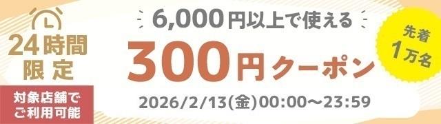 6000円以上で使える300円クーポン、2月13日0時から24時間限定