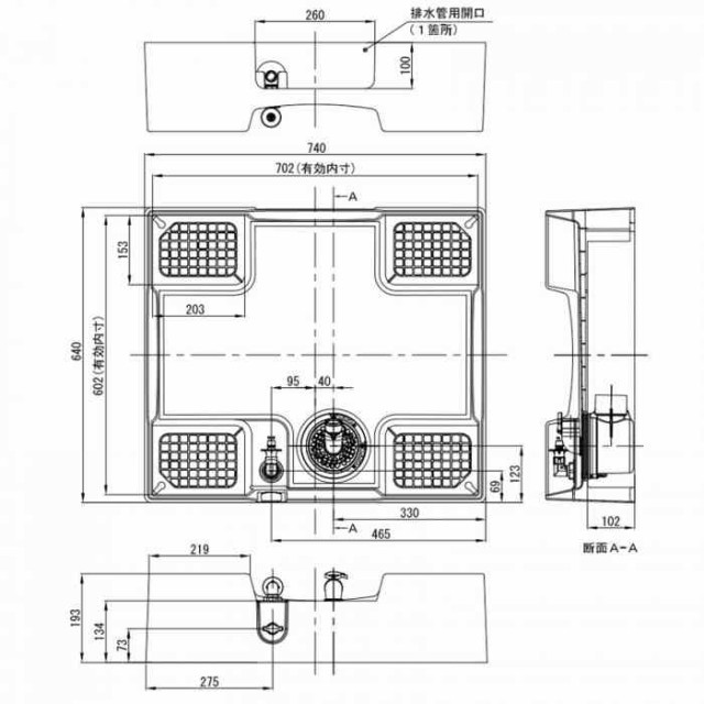 テクノテック洗濯機用床上配管対応給水栓付防水パンTPRF740-W3-FN 開口