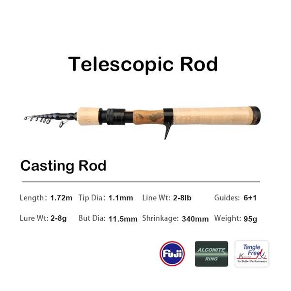 Purelure-伸縮式のある釣り竿,魚を捕まえるためのルアー,輸送,旅行,パーチ,スピニング,キャスティング,カーボン,ソフト,1.53m, 1.78m