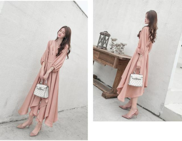 パーティードレス レディース ドレス ワンピース S M L XL ピンク 春カラー パステルカラー 無地 タック アシンメトリー Vネック 七分袖 7分袖 パフスリーブ フレア Aライン ロング丈 ロング ミモレ丈 アンクル丈 膝下 ハイウエスト 脚長 美シルエット スタイルアップ パーティードレス レディース ドレス ワンピース S M L XL ピンク 春