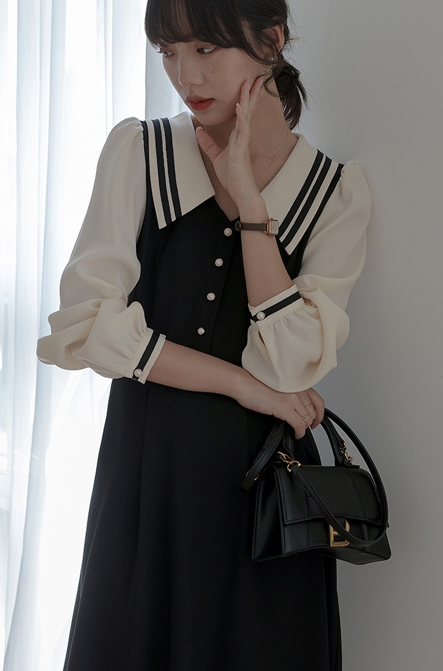 ワンピース セーラー バイカラー ロング 長袖 レディース ビッグ 襟