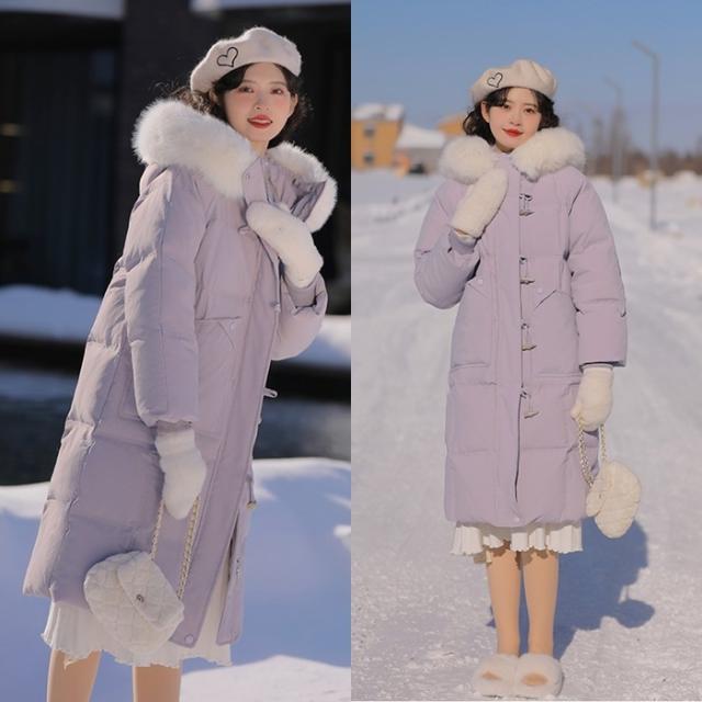 ダウンコート レディース アウター コート ロングコート XS S M L パープル 紫 クリームイエロー カーキ ピンク パステルカラー シャーベットカラー 無地 ファー フード付き ボリュームファー ストレート ロング丈 ロング ミドル丈 ミドル 膝丈 膝下 ポケット 防寒 防風 ant696.jpg