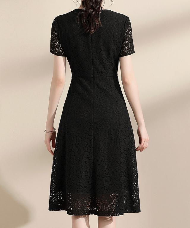 夏 レース ドレス ドレス ワンピース パーティドレス 膝丈ドレス フォーマルドレス Aラインドレス イブニングドレス ワンピドレス ミディアム丈 袖あり 半袖 ラウンドネック 襟なし Aライン 透け感 ミドルウエスト レギュラー 異素材MIX 大人可愛い シンプル 大人女子 夏 レース ドレス ドレス ワンピース パーティドレス 膝丈ドレス