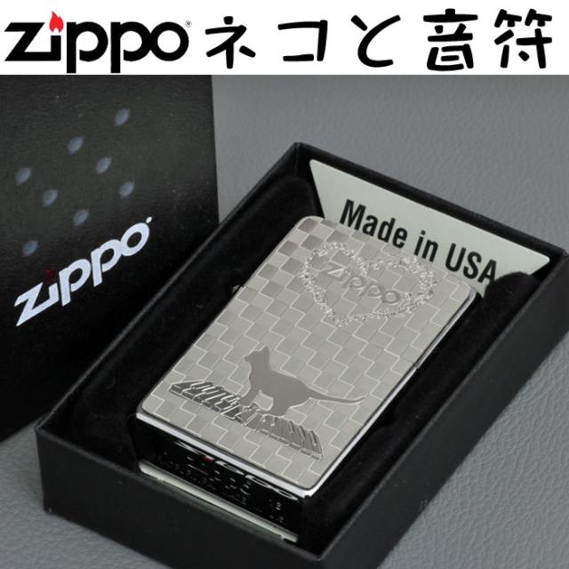 zippo(ジッポーライター)ネコと音符 ブラッシュクローム メタルプレート貼り 画像1