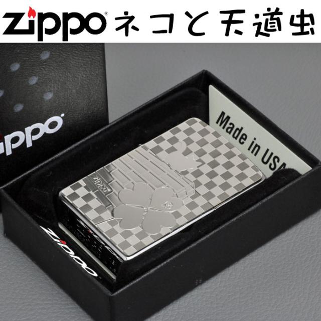 zippo(ジッポーライター)ネコと天道虫 ブラッシュクローム メタルプレート貼り 画像1