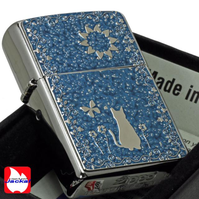zippo(ジッポーライター)ネコ・細密メタルプレート貼り ブルーペイント 両面加工 画像3