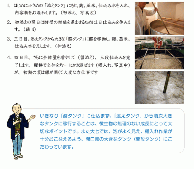 はじめに小さめの「添えタンク」にもと、麹、蒸米、仕込み水を入れ、内容物をよく混和します（初添え）。初添えの翌日は酵母の増殖を進ませるために1日仕込みを休みます（踊り）。三日目、添えタンクから大きな「醪タンク」に醪を移動し、麹、蒸米、仕込み水を足します（仲添え）。四日目、さらに全体量を増やして（留添え）、三段仕込みを完了します。櫂棒で全体を均一にかき混ぜます（櫂入れ）が、初期の頃は醪が固くて大変な力仕事です。いきなり「醪タンク」に仕込まず、「添えタンク」から順次大きなタンクに移行することは、微生物の無理のない成長にとって大切なポイントです。また大七では、泡がよく見え、櫂入れ作業が十分おこなえるよう、開口部の大きなタンク（開放タンク）にこだわっています。