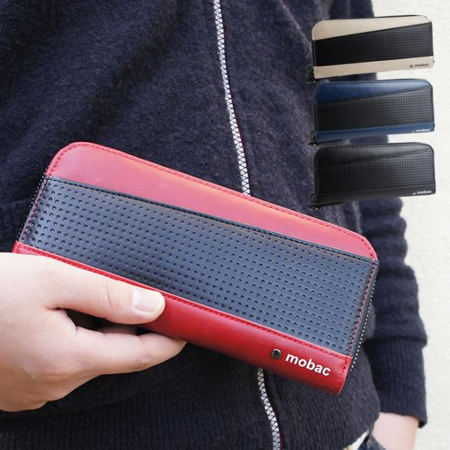 メッシュ柄がアクセントのスタイリッシュなツートンカラーのラウンドファスナー長財布【mobac】ユニセックス・ジッパー・アコーディオン・ジャバラ・大容量