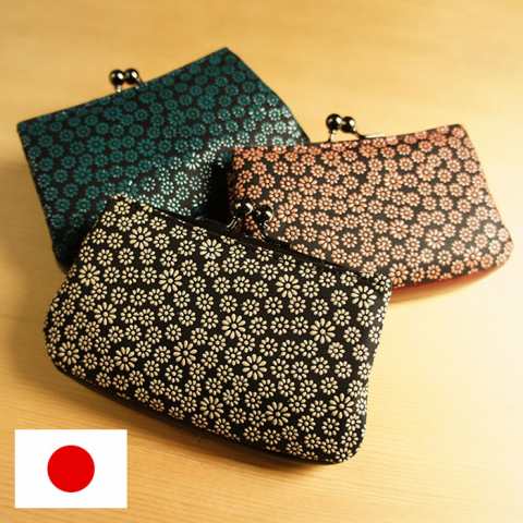 【送料無料】【日本製】愛らしい雛菊が咲き誇るデイジー柄印伝の本革アオリ親子がま口財布【古都印伝】レディース・女性用・和風・和柄・革財布・鹿革・漆・国産・薄型・薄い