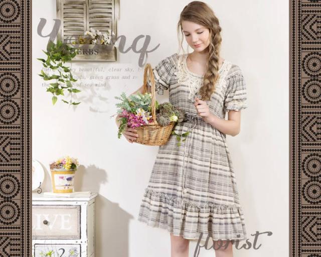 日本全国送料無料 オリジナルデザイン グレー サーモンピンク チェック柄 レース 半袖 パフスリーブ フリル ウエスト紐付き Aライン ミニワンピース 短納期対応 Carlavista Com