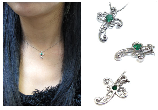 プラチナペンダント エメラルドペンダント クロスモチーフ ネックレス