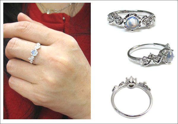 レインボームーンストーン・リング・10金・薔薇と王冠・指輪