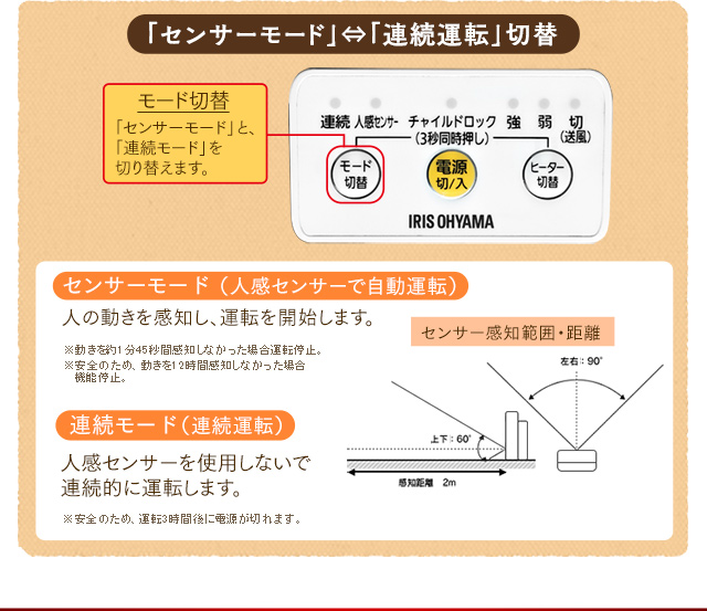 センサーモード/連続運転切り替え付き