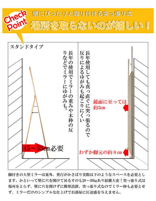 安い人気 突っ張り 壁面ミラー 幅60cm つっぱり式 鏡 姿見 スタンドミラー 全身ミラー NJ-0007/NJ-0516の通販はau PAY マーケット - カウマ|商品ロットナンバー:269975047 好評通販