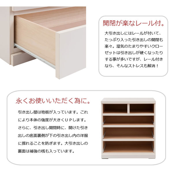 開閉が楽なレール付/引出し間は地板入り