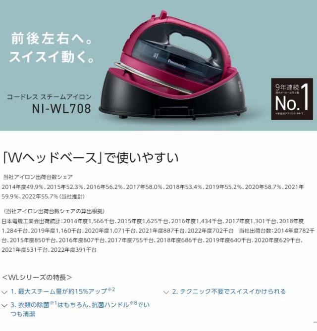 Panasonic パナソニック NI-WL708(K)コードレススチームアイロン カームブラックの通販はau PAY マーケット -  ムラウチドットコム | au PAY マーケット－通販サイト