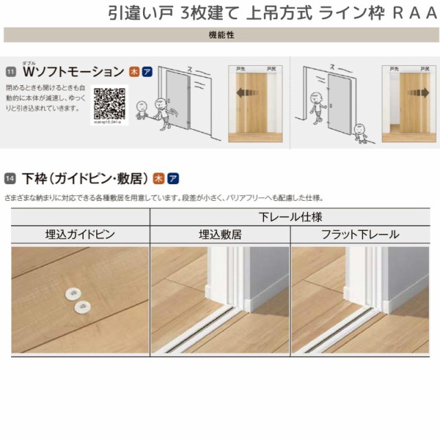 室内引戸 引違い戸3枚建 上吊方式 ライン枠 ラフィス RAA 2424