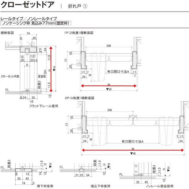 クローゼットドア 折れ戸 本体×3P(6枚) レールタイプ ノンケーシング枠