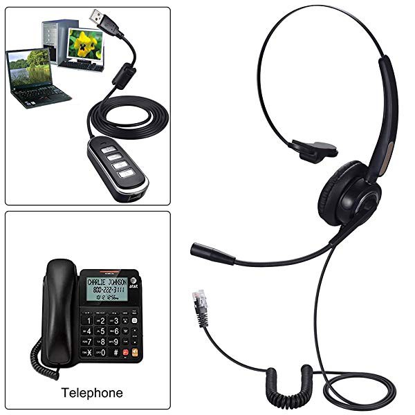 電話ヘッドセット IP電話ヘッドフォン RJ9/USB両用 ハンズフリーコールセンター マイク付き固定電話用