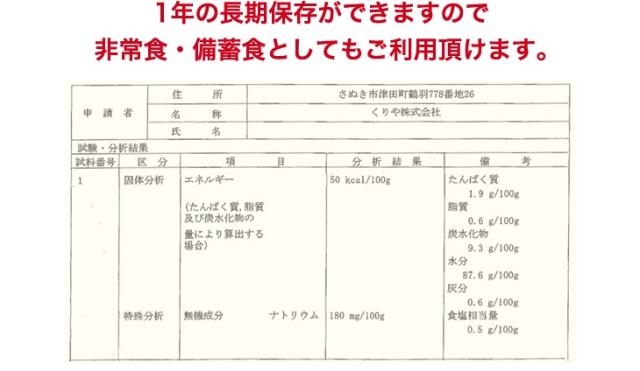 1年の長期保存ができますので 非常食・備蓄食としてもご利用頂けます。