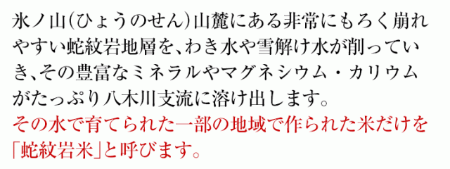氷ノ山山麗にある非常にもろく崩れやすい蛇紋岩地層を、わき水や雪解け水が削っていき、その豊富なミネラルやマグネシウム・カリウムがたっぷり八木川支流に溶け出します。