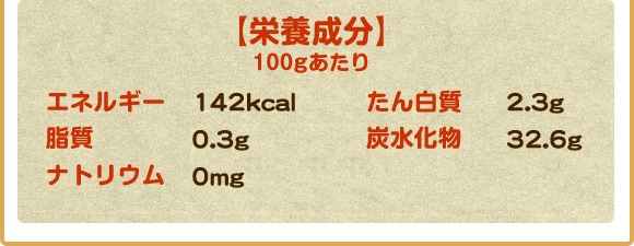 栄養成分100gあたりエネルギー142kcal たんぱく質2.3g　脂質0.3g　炭水化物32.6g　ナトリウム0mg