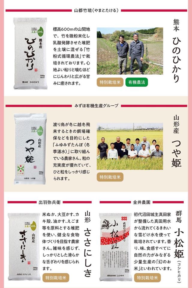 ヒノヒカリ、つや姫、ササニシキ、小松姫