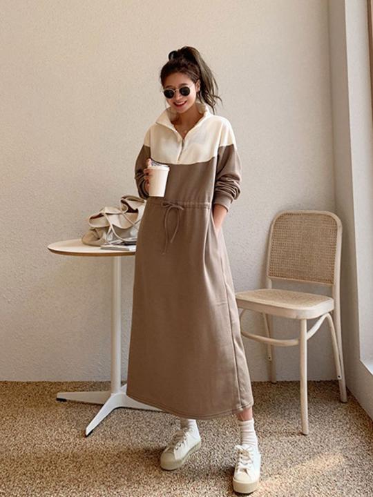 ワンピース 長袖 春 秋 冬 ロング丈 レディース 無地 シンプル ブラウン 代 30代 40代 大人可愛い きれいめ カジュアル Aライン Nanopartea Com Sg