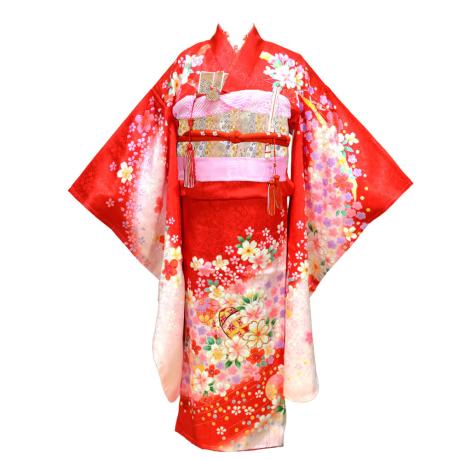 『未使用着物』七五三 着物 7歳 四つ身 赤 花柄 鞠 松 毬 まり 枝垂れ桜 未使用着物』七五三 着物 7歳 四つ身 赤 花柄 鞠 松 毬 まり