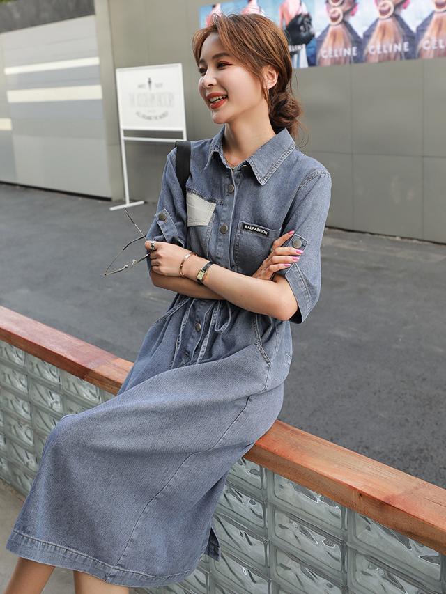 プレミア商品 デニムワンピース 膝丈 ワンピース レディース ミモレ丈 膝丈 デニム ハイウエスト かわいい 半袖 カジュアル 無地 シャツ風 春 夏 秋 安 21福袋 Bankcarmel Co Il