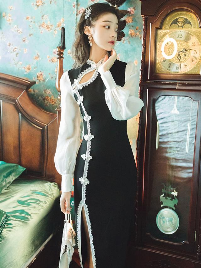 数量限定 パーティードレス ミモレ丈 黒 タイト チャイナドレス ワンピース ドレス 長袖 バイカラー おしゃれ 個性的 セクシー 結婚式 お呼ばれ ド 超人気の Www Themarketleaders Co Il