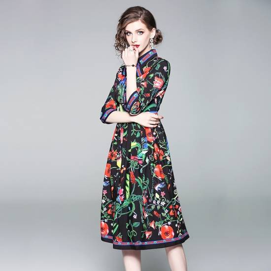 おしゃれ人気 パーティードレス ドレス ワンピース 食事会 ボウタイ 七分袖 ミモレ丈 ボタニカル 代 30代 40代 ダークブルー 膝丈 セミフレ 正規販売代理店 Carlavista Com