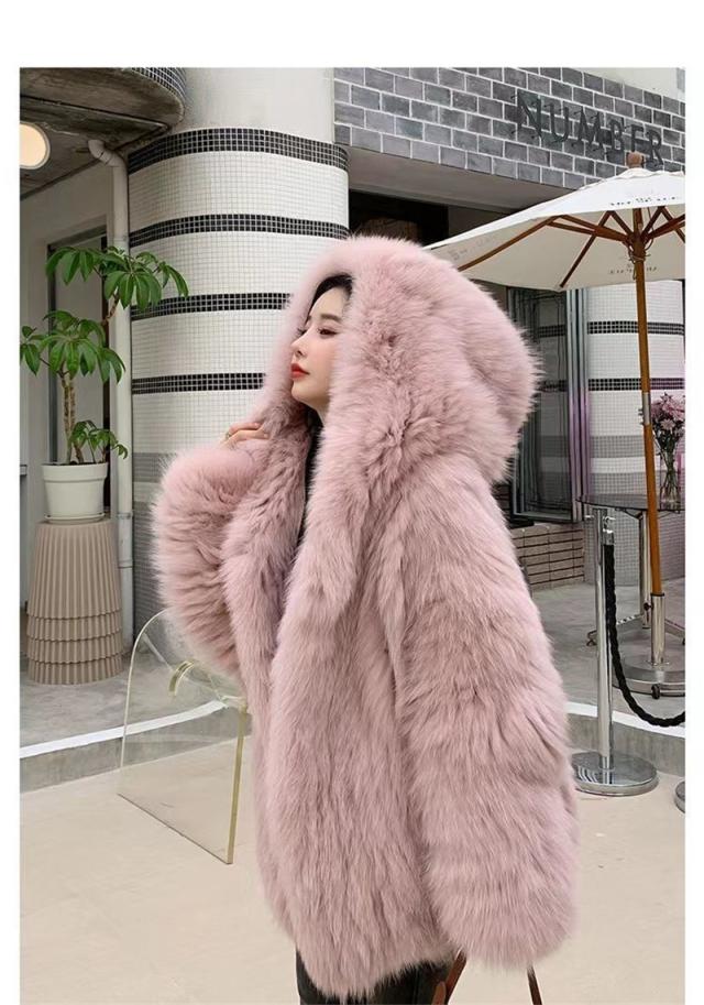 フカフカ フード付きロシアンリスの毛皮 リバーシブルロング
