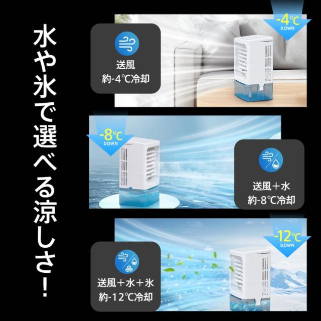 冷風機 最新発売 -12℃冷却 2段階自動OFF 強力 小型 冷風扇 4WAYデザイン 最大風量 10m/s 限定セール 3段階風量調整 省エネ 2種類ミストモード 卓上クーラー 1L 大容量タンク USB給電