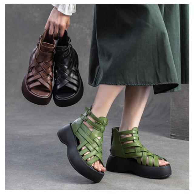 ブーツサンダル レディース 厚底 ブーツサンダル グラディエーターサンダル 編み込み 6センチ 牛革 厚底サンダル 6cm 本革 歩きやすい 美脚サンダル サマーブーツ バックジップ 22.5cm 23.0cm 23.5cm 24.0cm 24.5cm