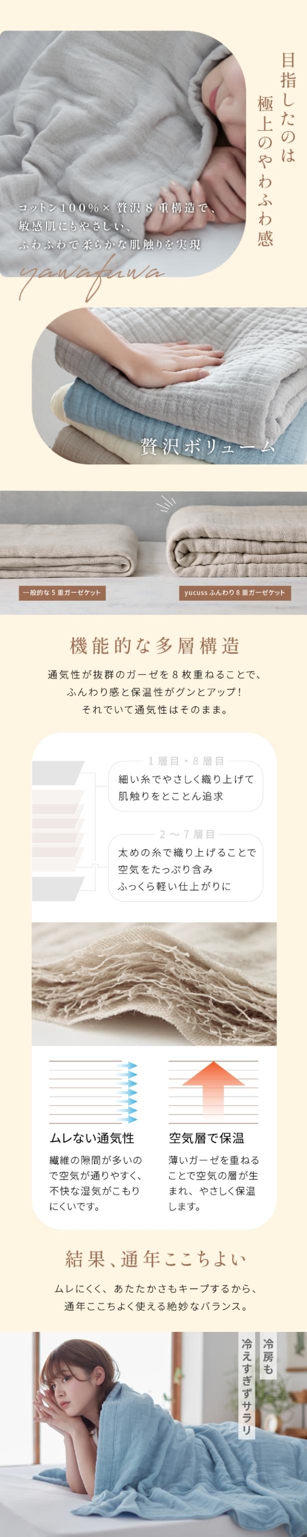yucuss (ユクスス) CICA加工をした コットン好きのためのふんわり8重ガーゼケット ハーフ