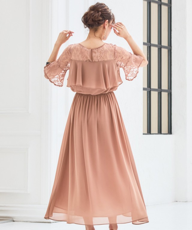 ドレスプラス（DRESS+）/胸元フリルのレースドッキングマキシ丈