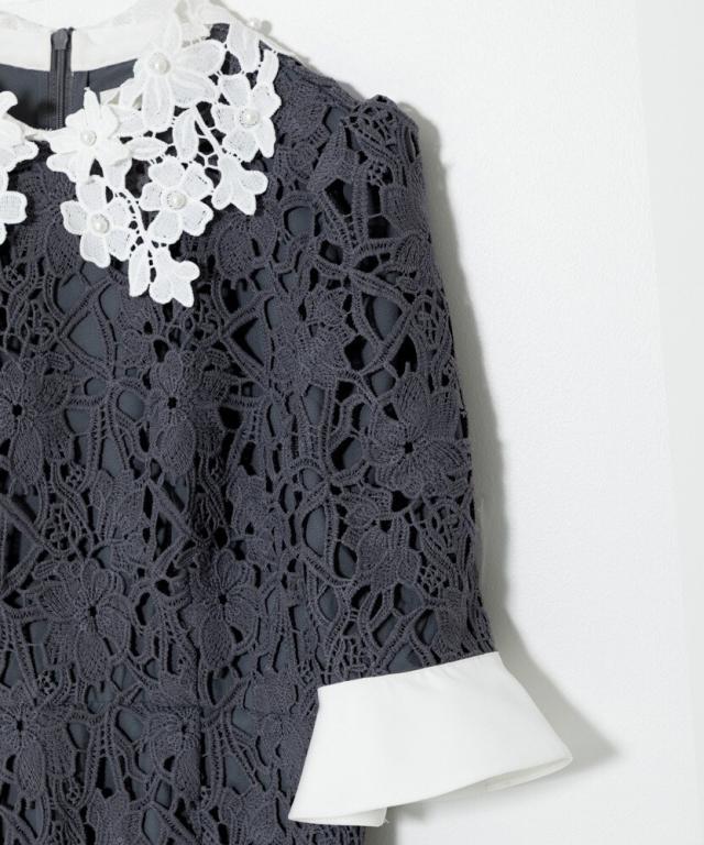 レジャ（Leja）/花柄レースカラースパンコール刺繍Aラインフレアドレス